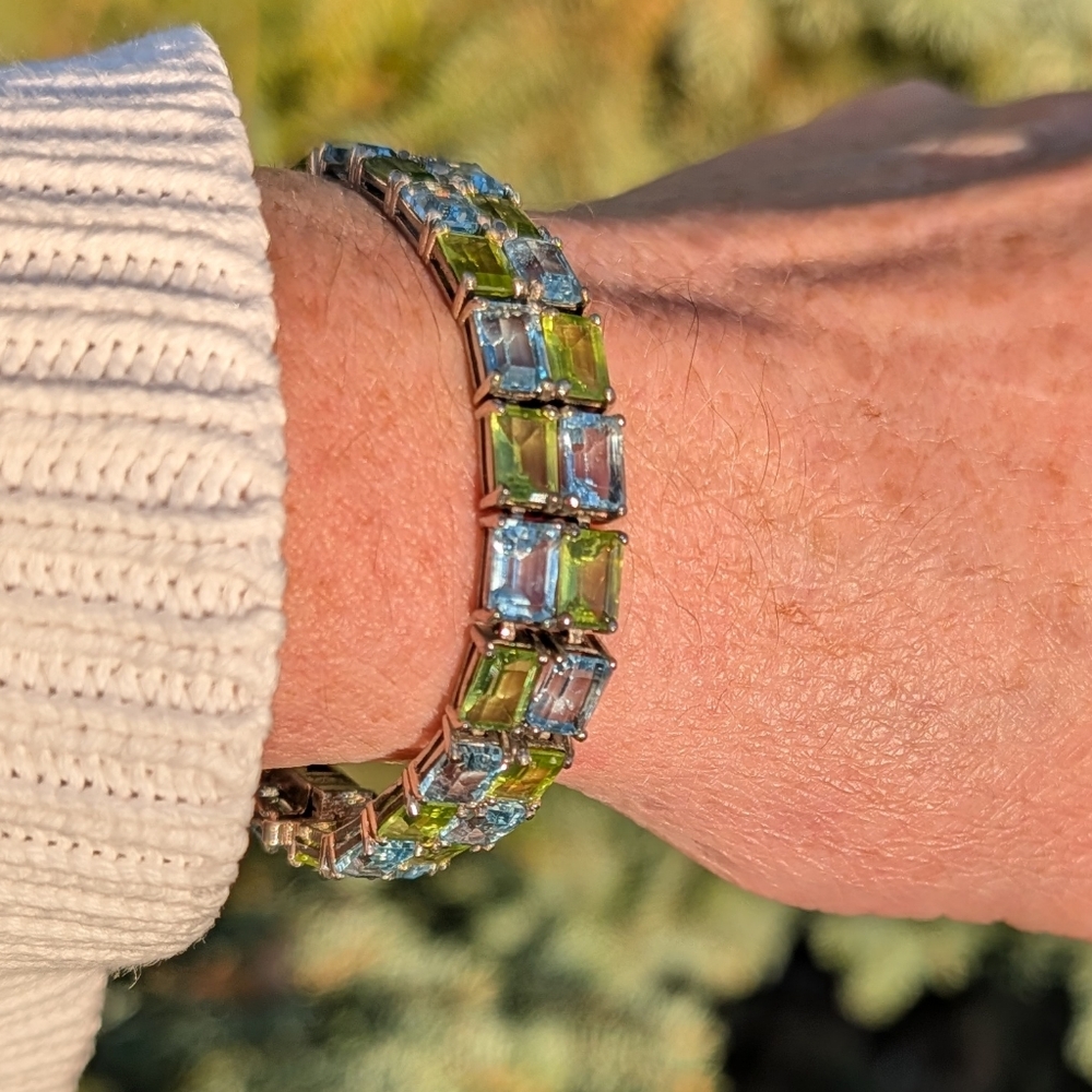 Tennis Bracelet 925 Silver Peridot Green Blue Topaz Gemstone Bracelet VTG